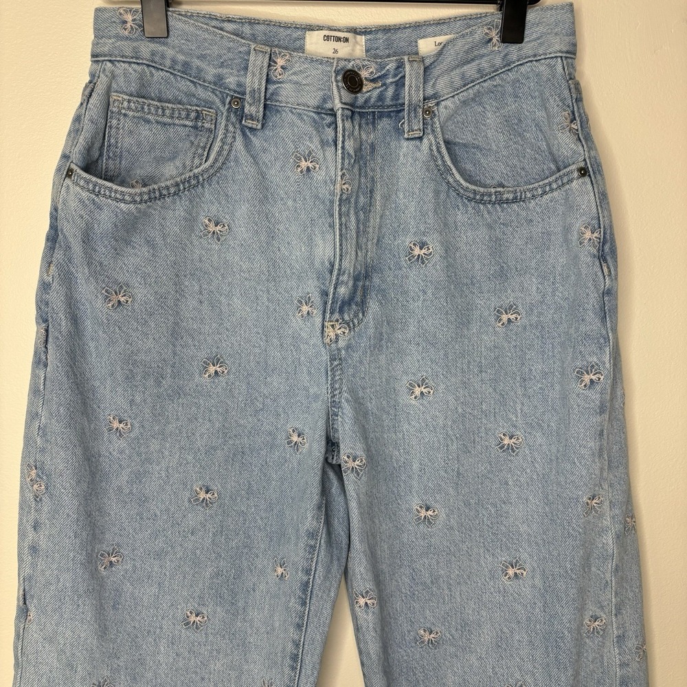 Cotton On Jeans 26 Blue Denim Embroidered Bows Print Loose Girlhoodcore Coquette